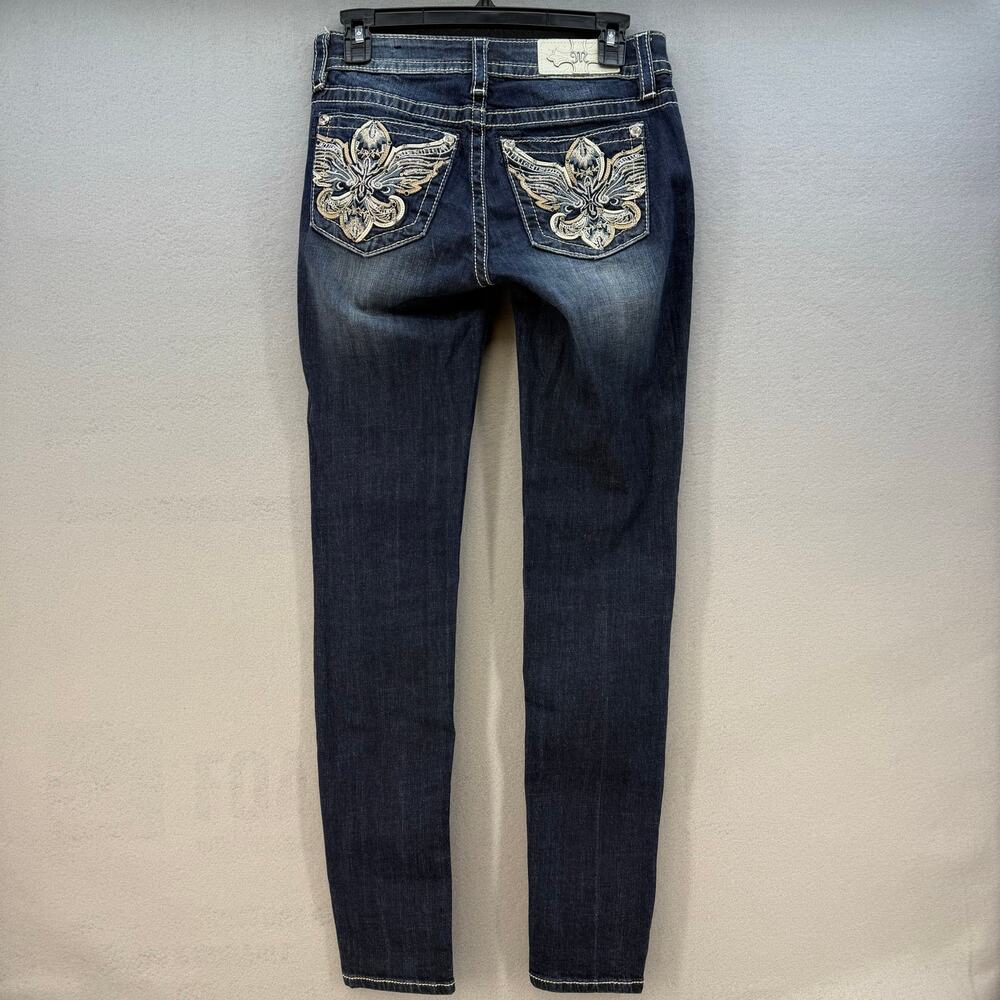Miss Me Jeans Women's 26x31.5 (2) Dark Blue Standard Skinny Angel Wings EUC - Picture 2 of 15